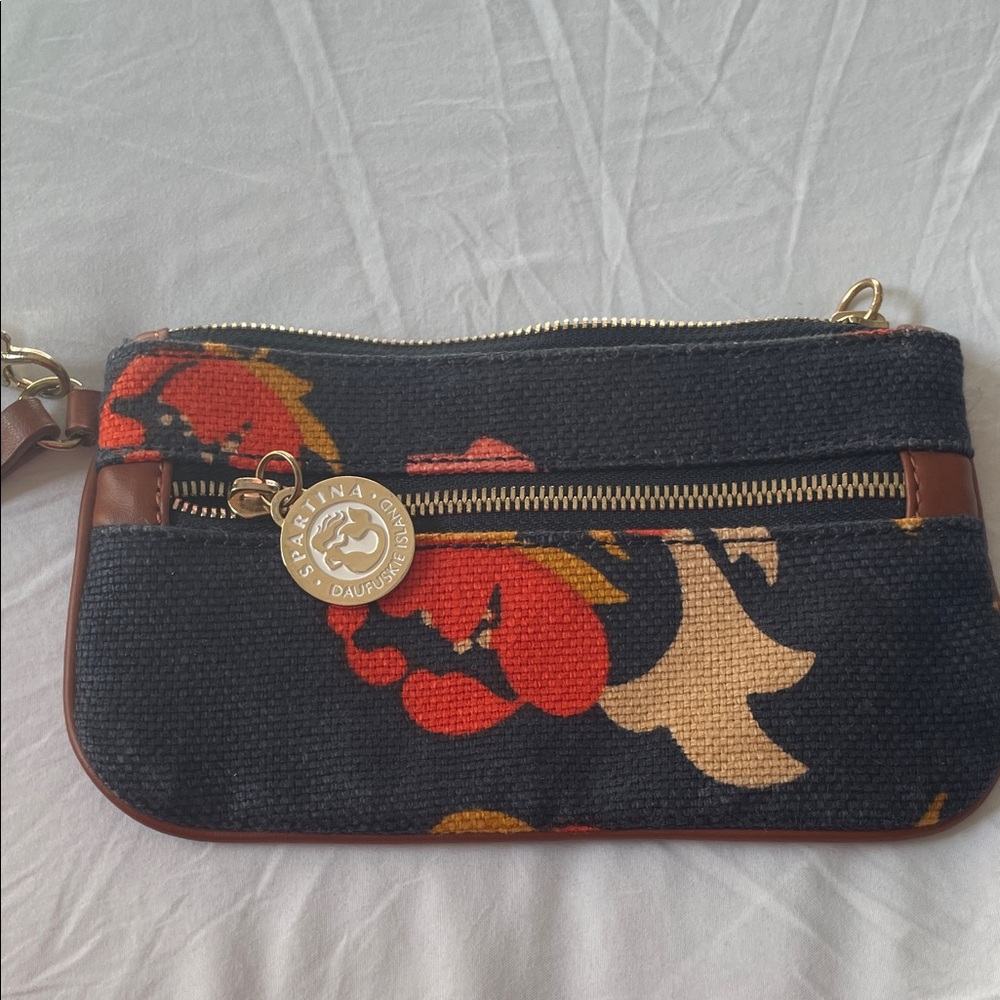 Spartina 449 Navy Canvas Wristlet with Orange and Cream Floral Motif